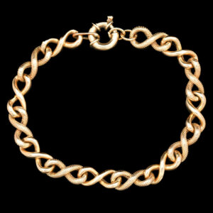 a gold chain bracelet on a black background