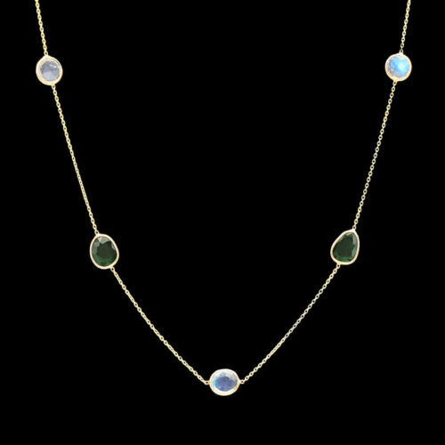a gold necklace with three different colored stones