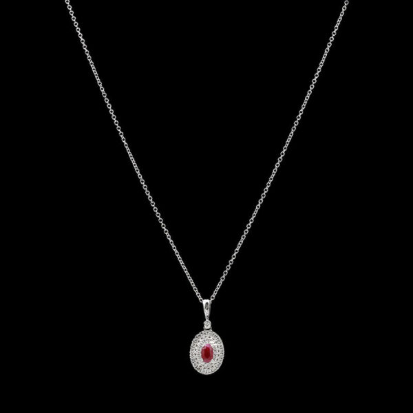 a necklace with a red and white pendant