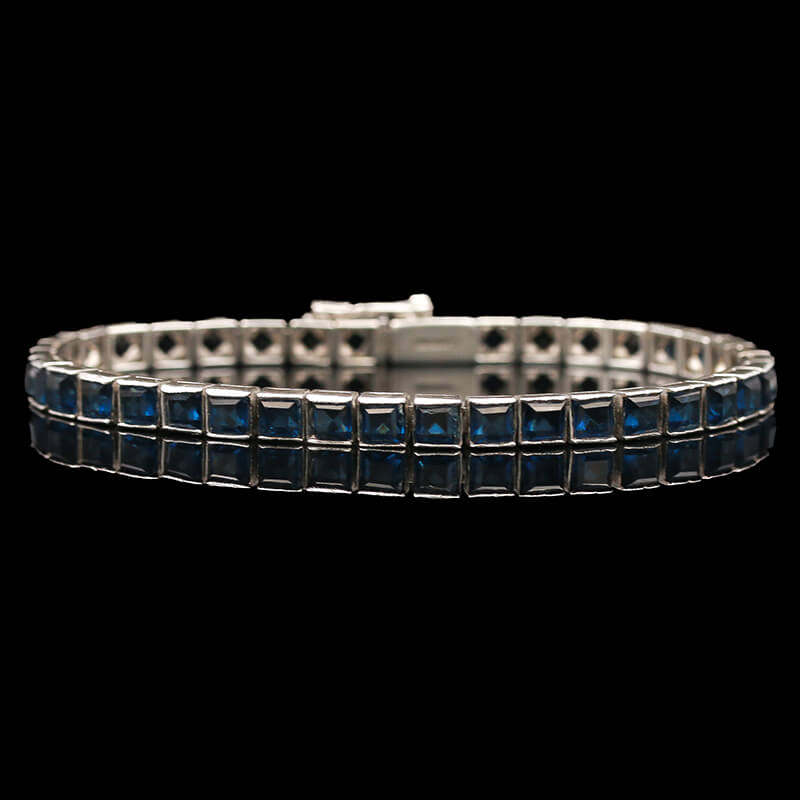 Art Deco Sterling Silver & Sapphire Blue Glass Paste Straight Line Bracelet  - Sindur Style