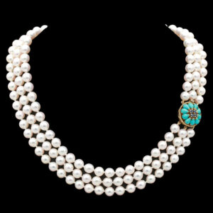 three strand pearl necklace with turquoise and white beads