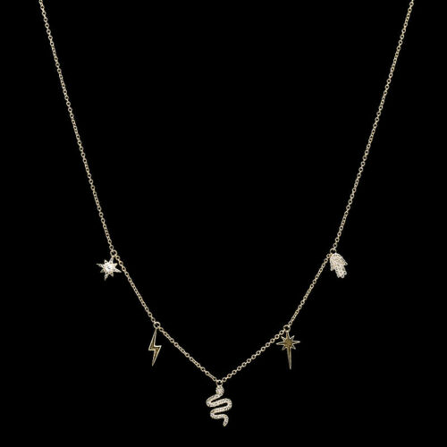 a gold necklace with stars and letters on it