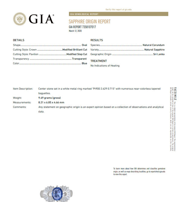 a certificate for a sapphire origin report