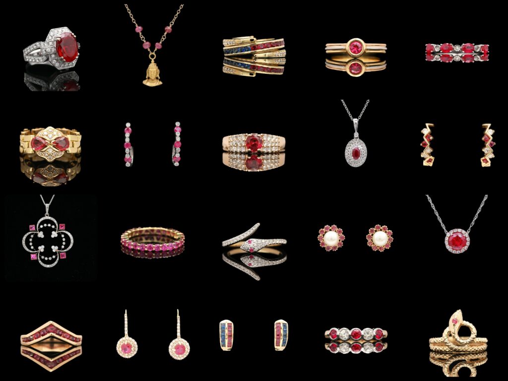 a collection of jewelry on a black background