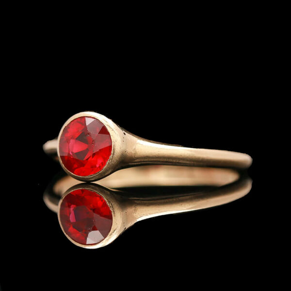a close up of a ring with two red stones