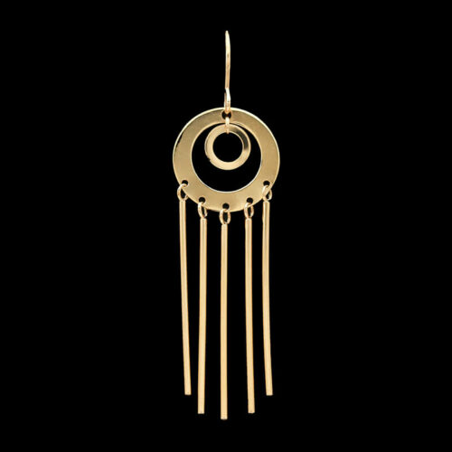 a pair of gold earrings with long fringes
