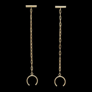 a pair of earrings with chains hanging from them