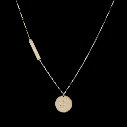 a necklace with a small gold disc on it