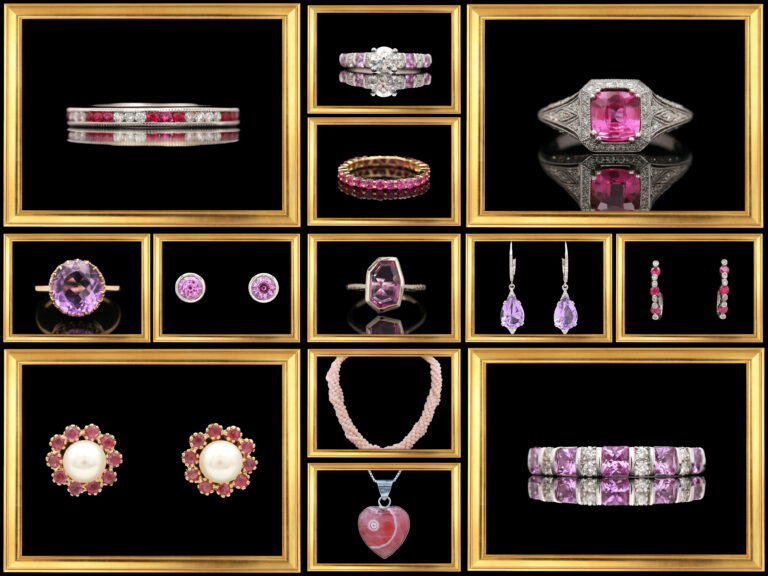 a collection of jewelry is displayed in a gold frame