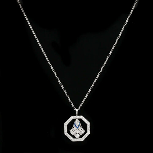 a white gold necklace with a diamond pendant
