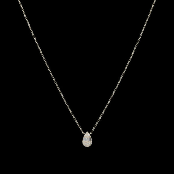 a necklace with a tear shaped pendant on a chain