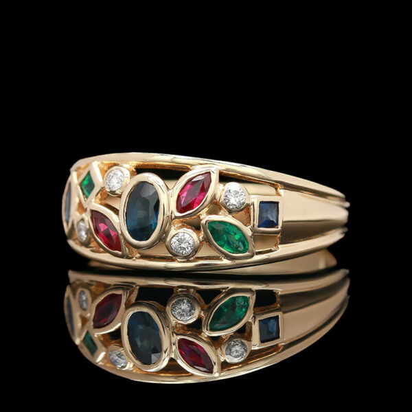 a gold ring with multicolored stones and diamonds