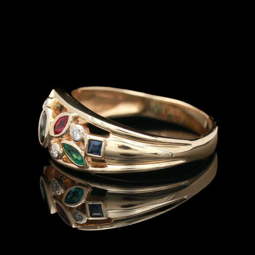 a gold ring with multicolored stones on it