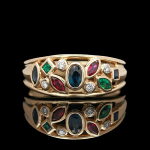 two gold rings with different colored stones
