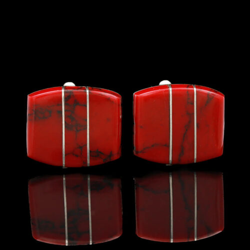 two red marble cufflinks with silver stripes