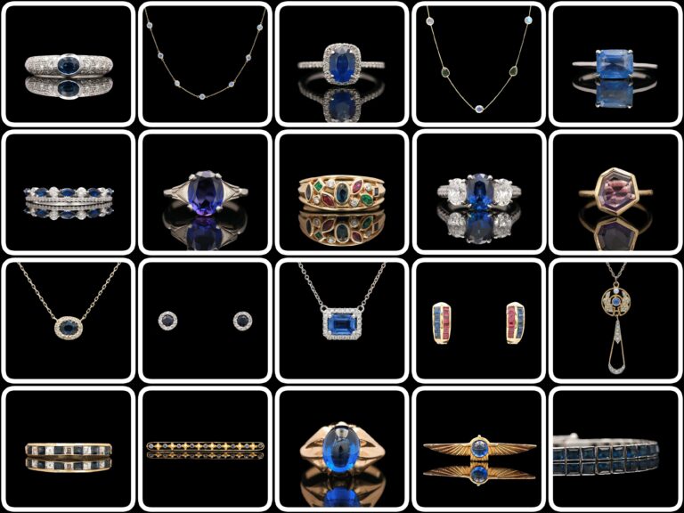 many different types of rings and necklaces on display