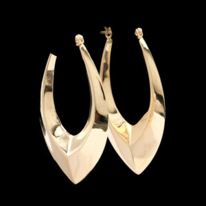 a pair of gold earrings on a black background