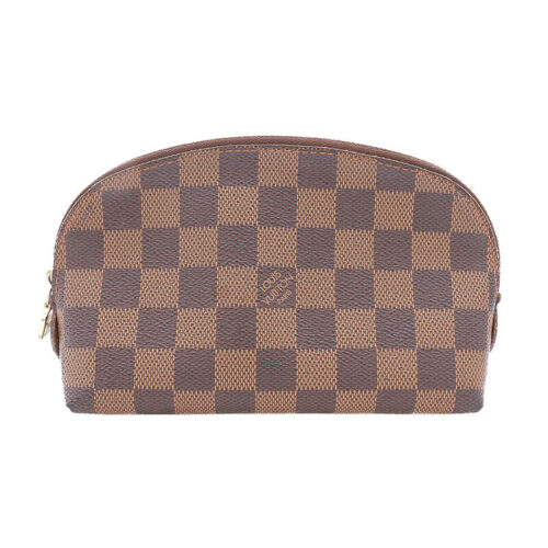 a brown and black checkered cosmetic bag