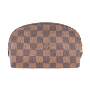 a brown and black checkered cosmetic bag