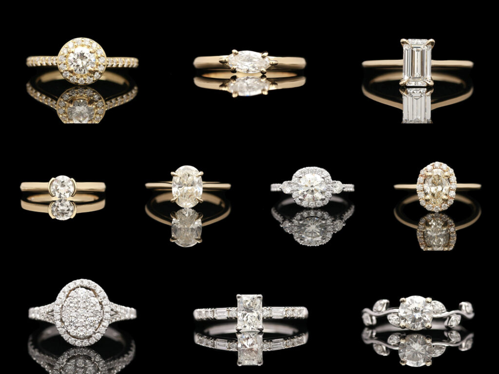 a series of ten different engagement rings set in yellow gold, white gold, and platinum
