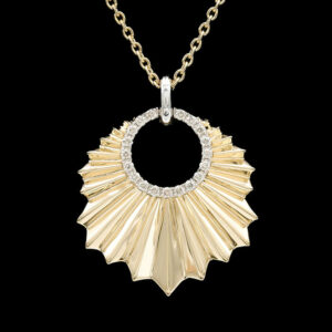 a gold and diamond necklace with a circular design