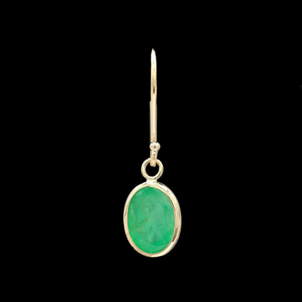 a pair of earrings with a green stone