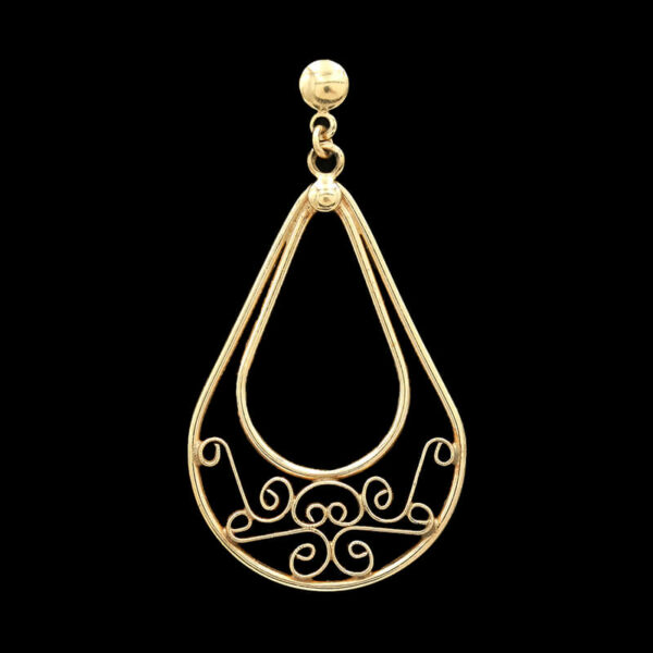 a pair of gold earrings on a black background
