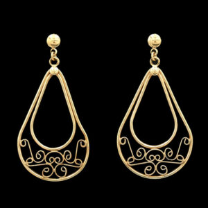 a pair of gold earrings with swirl designs