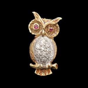 an owl brooch with red stones on it's eyes