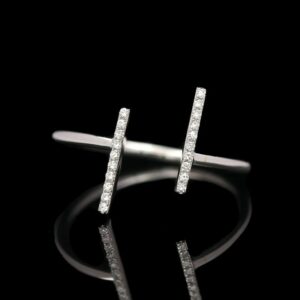 14k White Gold Adjustable Modern Diamond Open Bar Ring