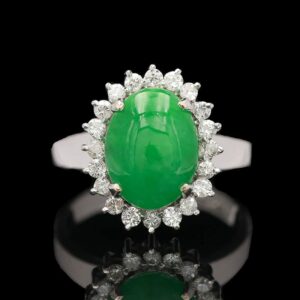 14k White Gold Jade Cabochon & Diamond Halo Ring