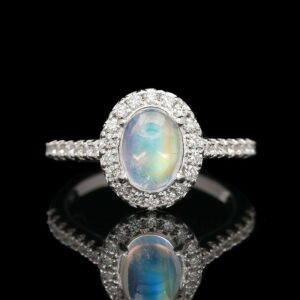 18k White Gold Moonstone Cabochon & Diamond Halo Ring