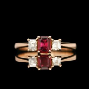 14k Yellow Gold Asscher Cut Ruby & Diamond 3-Stone Ring
