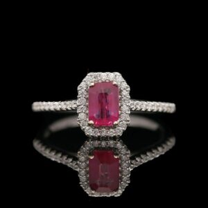 18k White Gold Emerald Cut Ruby & Diamond Halo Ring