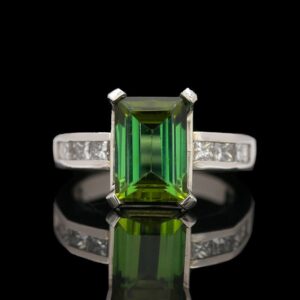 Platinum and Green Tourmaline Statement Ring with Diamond Accents
