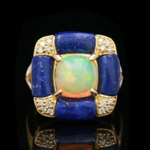 18k Yellow Gold Opal and Lapis Checkered Ring with Diamond Accents