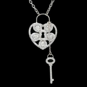 14k White Gold heart Locket and Key Diamond Necklace
