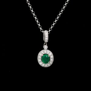 18k White Gold Emerald & Diamond Pendant Necklace