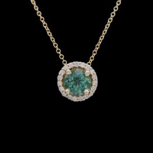 14k Yellow Gold, Green Sapphire & Diamond Halo Pendant Necklace