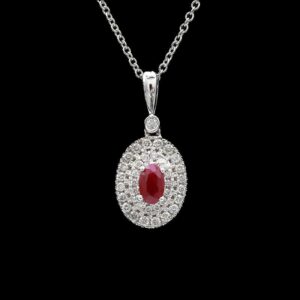 14k White Gold Ruby & Diamond Halo Pendant Necklace