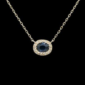 14k Yellow Gold Sapphire & Diamond Halo Pendant Necklace