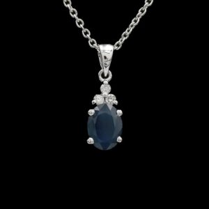 14k White Gold Sapphire & Diamond Pendant Necklace