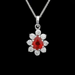 14k White Gold Ruby & Diamond Teardrop Pendant Necklace with IGI Report