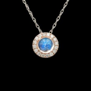 14k Rose Gold Moonstone & Diamond Halo Pendant on White Gold Chain