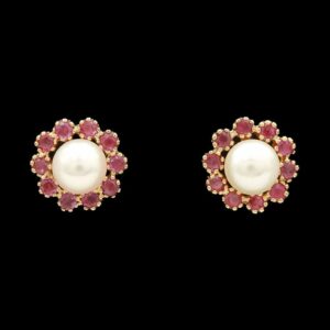 14k Yellow Gold Pearl & Garnet Halo Studs