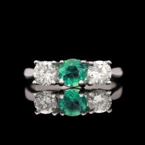 14k White Gold Emerald & Diamond Three Stone Ring