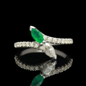 14k White Gold Emerald & Diamond Bypass Ring