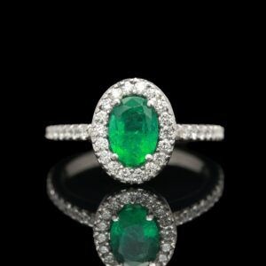 14k White Gold Emerald & Diamond Halo Ring