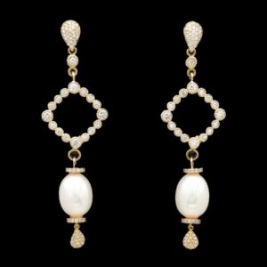14k yellow gold pearl & diamond drop earrings