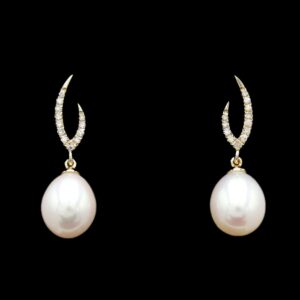 14k yellow gold diamond & pearl drop earrings
